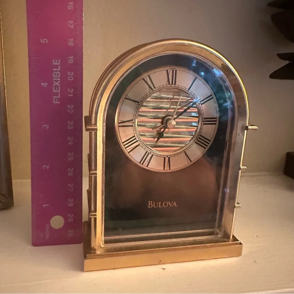 Vintage Bulova Marbled Emerald Green & Gold Arch Desk Clock - 5” Tall, Alarm